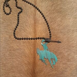 Turquoise Patina Bucking Bronco Necklace with Arrow Charm